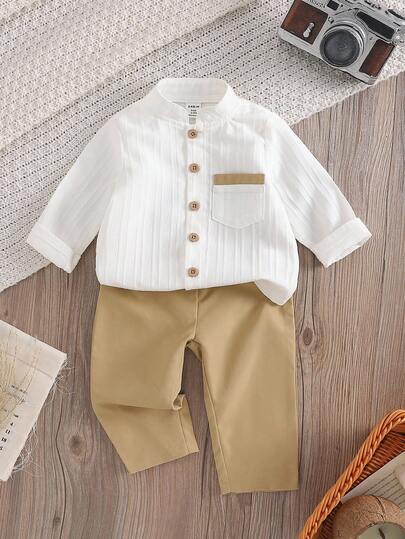 SHEIN Vintaside Kids مجموعة ملابس علوية اطفال ولادي بياقة قائمة وأكمام قصيرة مع أزرار و جيوب، وشورت خصر مطاطي، أسلوب كاجوال، رجعي،فضفاض ومريح للصيف، قطعتان