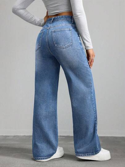 SHEIN ICON سراويل جينز نسائية فضفاضة واسعة الساق متعددة الاستخدامات