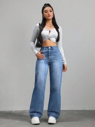 SHEIN ICON سراويل جينز نسائية فضفاضة واسعة الساق متعددة الاستخدامات