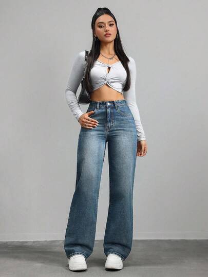 SHEIN ICON بنطلون جينز نسائي بجيوب واسع الساق بلون أحادي للاستخدام اليومي المتعدد الاستخدامات