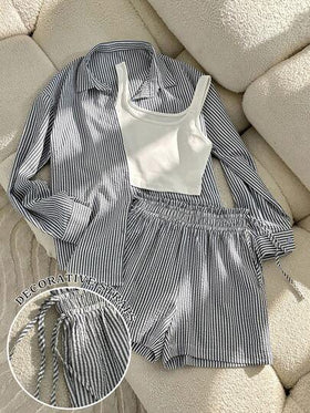 Resyla طقم نسائي مكون من قميص مخطط وشورت بلون واحد ولباس علوي تانك من 3 قطع