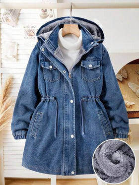 SHEIN جاكيت جينز كاجوال مزود بقلنسوة للفتيات المراهقات، خصر بسحاب، جيوب مائلة، أساور مطاطية، مناسب للمدرسة والتسوق والنزهات والسفر، يمكن ارتداؤه مع البلوزات ذات الأكمام الطويلة والبناطيل الرياضية والبناطيل
