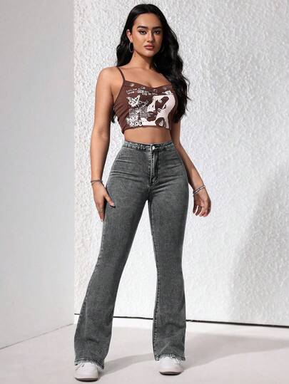 SHEIN ICON سراويل جينز نسائية ذات خصر عالي وقصة جرس وضيقة، كاجوال متعددة الاستخدامات