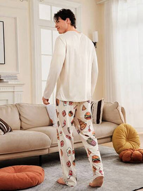 SHEIN طقم بيجامة طويلة الأكمام مطبوع عليها برغر وصودا للرجال، بيجامات طعام سريع الوجبات، بيجامات برغر للرجال، ملابس خريف وشتاء