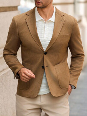 Manfinity Bizformal بليزر رجالي كاجوال بأزرار أمامية وجيب، بليزر كاجوال بني، بليزر رجالي من الجلد المدبوغ بني فاتح