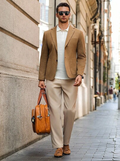 Manfinity Bizformal بليزر رجالي كاجوال بأزرار أمامية وجيب، بليزر كاجوال بني، بليزر رجالي من الجلد المدبوغ بني فاتح