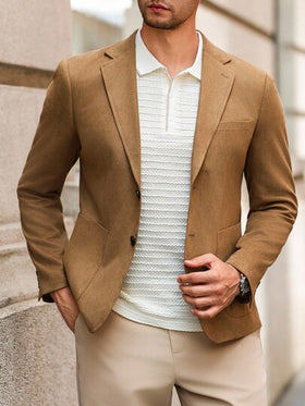 Manfinity Bizformal بليزر رجالي كاجوال بأزرار أمامية وجيب، بليزر كاجوال بني، بليزر رجالي من الجلد المدبوغ بني فاتح