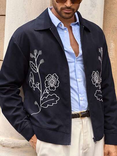 HIMLAND جاكيت كاجوال للرجال مطرزة بالزهور، مناسبة للارتداء اليومي