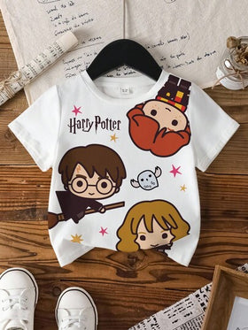 HARRY POTTER X SHEIN بلوزة قصيرة الأكمام بياقة طاقم للفتيات الصغيرات، مريحة وكاجوال مزينة برسوم كرتونية وطباعة أحرف إنجليزية جميلة