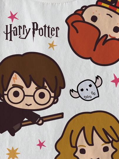 HARRY POTTER X SHEIN بلوزة قصيرة الأكمام بياقة طاقم للفتيات الصغيرات، مريحة وكاجوال مزينة برسوم كرتونية وطباعة أحرف إنجليزية جميلة