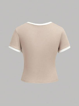 SHEIN Girlism مجموعة قميص كاجوال مضلع بألوان متباينة وبنطلون فضفاض بجيب للخصر للمراهقات، ملابس رياضية شوارعية، مناسبة للربيع/الصيف، المدرسة، كرة القدم، الخارج