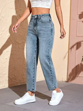 SHEIN PETITE بناطيل جينز نسائية بجيب أمامي بأزرار، كاجوال وبسيطة لارتداء يومي