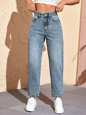 SHEIN PETITE بناطيل جينز نسائية بجيب أمامي بأزرار، كاجوال وبسيطة لارتداء يومي