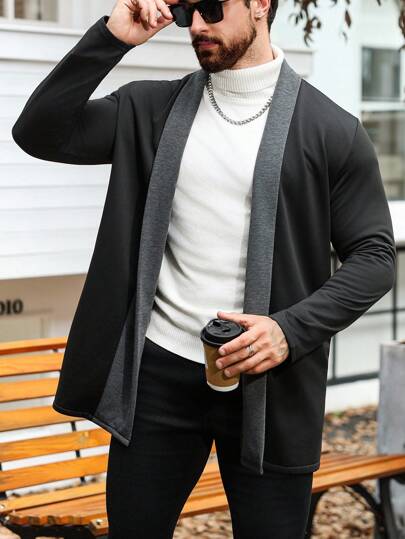 Manfinity Homme جاكيت كاجوال بأكمام طويلة وأزرار أمامية بتباين الألوان، كارديجان متعدد الاستخدامات للرجال، جاكيت كنزة للرجال بأكمام طويلة، كارديجان أسود للرجال، كارديجان رمادي للرجال، بطراز عتيق