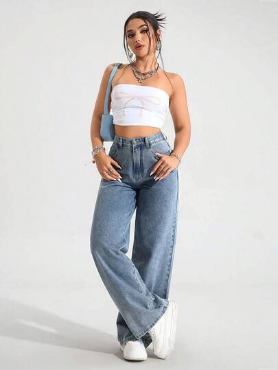 SHEIN ICON جينز مستقيم الساق بخصر مطاطي بلون أزرق فاتح للمرأة بمقاسات كبيرة