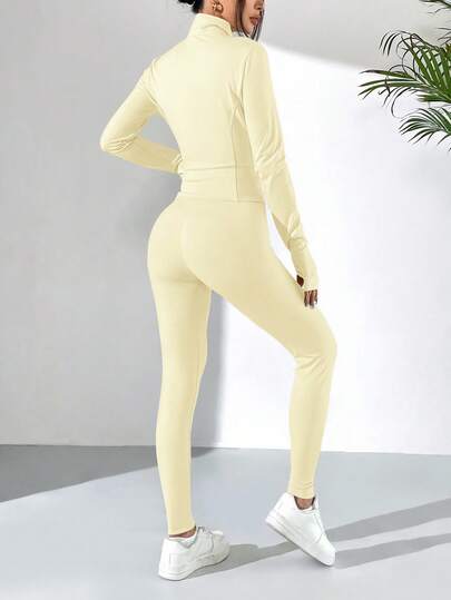 SHEIN EZwear بدلة رياضية للنساء تتكون من جاكيت مطابق، جاكيت، وسروال ضيق باللون الأصفر الزبدي، مجموعة قطعتين كاجوال للخريف