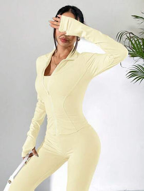 SHEIN EZwear بدلة رياضية للنساء تتكون من جاكيت مطابق، جاكيت، وسروال ضيق باللون الأصفر الزبدي، مجموعة قطعتين كاجوال للخريف
