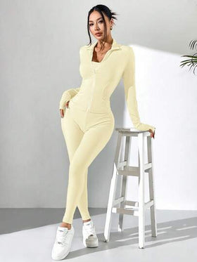 SHEIN EZwear بدلة رياضية للنساء تتكون من جاكيت مطابق، جاكيت، وسروال ضيق باللون الأصفر الزبدي، مجموعة قطعتين كاجوال للخريف