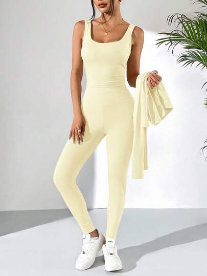 SHEIN EZwear بدلة رياضية للنساء تتكون من جاكيت مطابق، جاكيت، وسروال ضيق باللون الأصفر الزبدي، مجموعة قطعتين كاجوال للخريف
