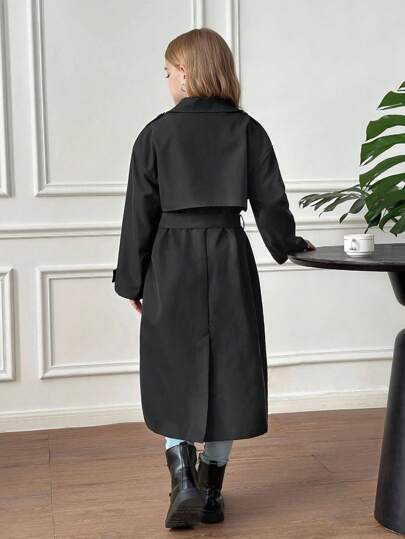 SHEIN Serisse Kids معطف طويل فضفاض مزين بوشاح وجيب وربطة عنق للفتيات المراهقات، بأسلوب عسكري كاجوال، مناسب للتنقل والأنشطة الخارجية، للعودة إلى المدرسة، ملابس متطابقة للأم والابنة