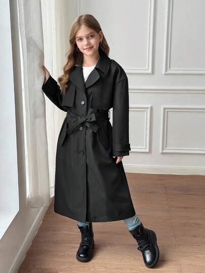 SHEIN Serisse Kids معطف طويل فضفاض مزين بوشاح وجيب وربطة عنق للفتيات المراهقات، بأسلوب عسكري كاجوال، مناسب للتنقل والأنشطة الخارجية، للعودة إلى المدرسة، ملابس متطابقة للأم والابنة