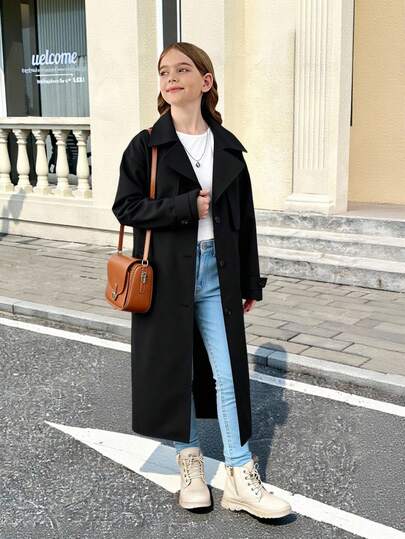 SHEIN Serisse Kids معطف طويل فضفاض مزين بوشاح وجيب وربطة عنق للفتيات المراهقات، بأسلوب عسكري كاجوال، مناسب للتنقل والأنشطة الخارجية، للعودة إلى المدرسة، ملابس متطابقة للأم والابنة
