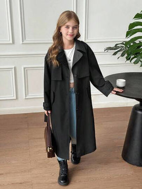 SHEIN Serisse Kids معطف طويل فضفاض مزين بوشاح وجيب وربطة عنق للفتيات المراهقات، بأسلوب عسكري كاجوال، مناسب للتنقل والأنشطة الخارجية، للعودة إلى المدرسة، ملابس متطابقة للأم والابنة