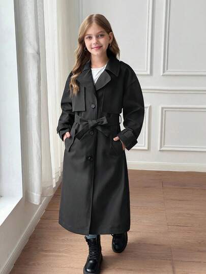 SHEIN Serisse Kids معطف طويل فضفاض مزين بوشاح وجيب وربطة عنق للفتيات المراهقات، بأسلوب عسكري كاجوال، مناسب للتنقل والأنشطة الخارجية، للعودة إلى المدرسة، ملابس متطابقة للأم والابنة