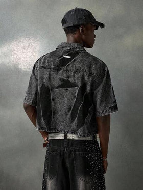 NEON BLANC قميص جينز مغسول مزين بالتطريز والرقعات الجيب، موضة الشارع الصيفية للرجال