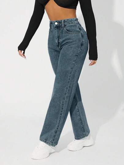SHEIN PETITE جينز عالي الخصر ضيق مغسول بشكل عادي