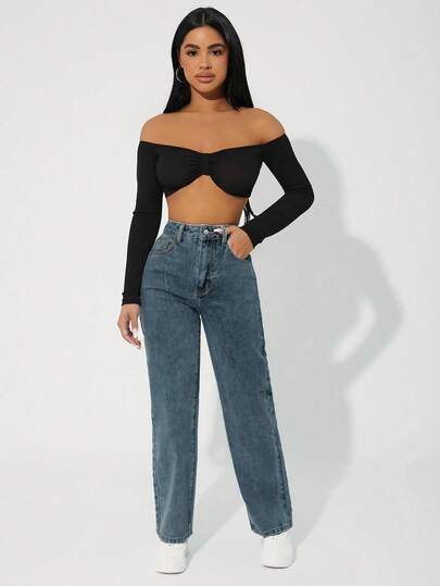 SHEIN PETITE جينز عالي الخصر ضيق مغسول بشكل عادي