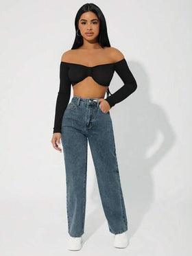 SHEIN PETITE جينز عالي الخصر ضيق مغسول بشكل عادي