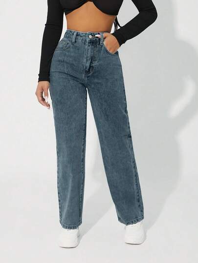 SHEIN PETITE جينز عالي الخصر ضيق مغسول بشكل عادي
