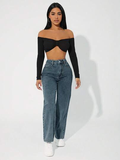 SHEIN PETITE جينز عالي الخصر ضيق مغسول بشكل عادي