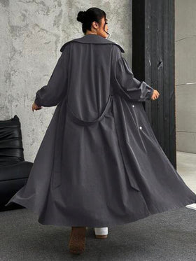SHEIN EZwear معطف طويل كاجوال رمادي بياقة وأكمام طويلة للنساء ذوات الحجم الكبير، موسم الخريف