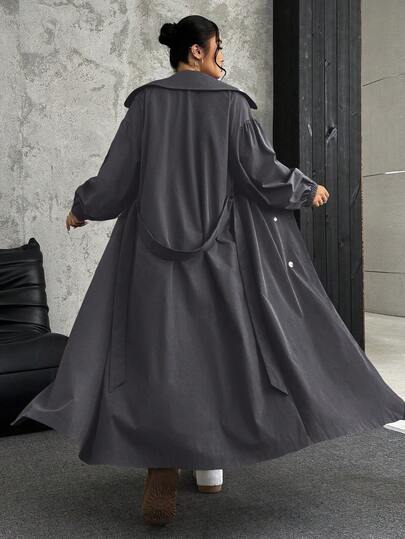 SHEIN EZwear معطف طويل كاجوال رمادي بياقة وأكمام طويلة للنساء ذوات الحجم الكبير، موسم الخريف
