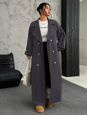 SHEIN EZwear معطف طويل كاجوال رمادي بياقة وأكمام طويلة للنساء ذوات الحجم الكبير، موسم الخريف