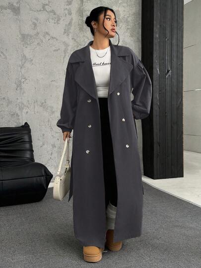 SHEIN EZwear معطف طويل كاجوال رمادي بياقة وأكمام طويلة للنساء ذوات الحجم الكبير، موسم الخريف