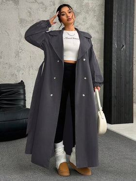 SHEIN EZwear معطف طويل كاجوال رمادي بياقة وأكمام طويلة للنساء ذوات الحجم الكبير، موسم الخريف