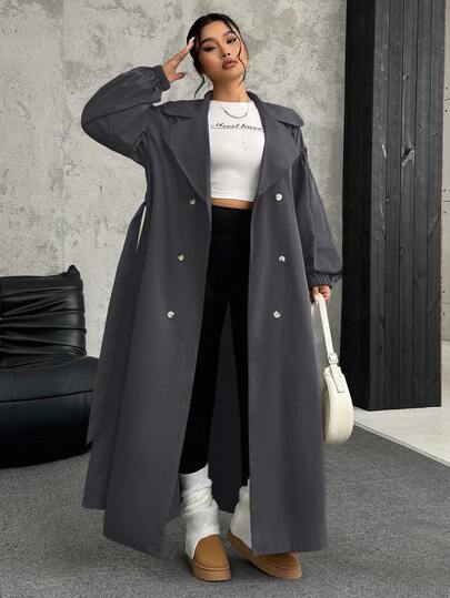SHEIN EZwear معطف طويل كاجوال رمادي بياقة وأكمام طويلة للنساء ذوات الحجم الكبير، موسم الخريف