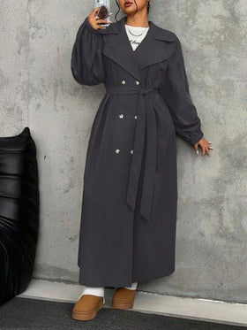 SHEIN EZwear معطف طويل كاجوال رمادي بياقة وأكمام طويلة للنساء ذوات الحجم الكبير، موسم الخريف