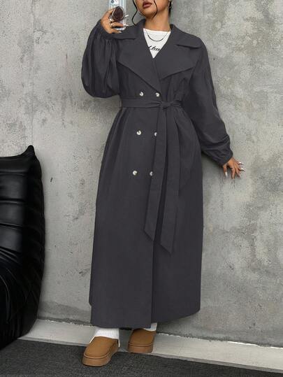 SHEIN EZwear معطف طويل كاجوال رمادي بياقة وأكمام طويلة للنساء ذوات الحجم الكبير، موسم الخريف