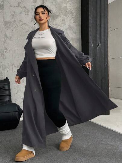SHEIN EZwear معطف طويل كاجوال رمادي بياقة وأكمام طويلة للنساء ذوات الحجم الكبير، موسم الخريف