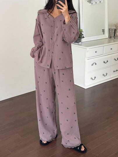 DAZY طقم بيجامة نسائي فضفاض من قماش الشيفون المزخرف بالزهور والدانتيل، ملابس خريف وشتاء