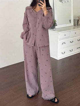 DAZY طقم بيجامة نسائي فضفاض من قماش الشيفون المزخرف بالزهور والدانتيل، ملابس خريف وشتاء