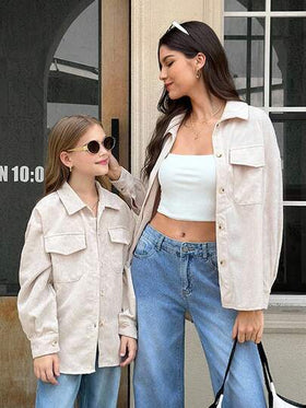 SHEIN معطف بياقة مخملية بيج للفتيات المراهقات، بجيوب قابلة للطي وأكمام طويلة منسدلة، للارتداء اليومي الكاجوال في فصلي الخريف والشتاء