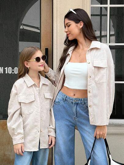SHEIN معطف بياقة مخملية بيج للفتيات المراهقات، بجيوب قابلة للطي وأكمام طويلة منسدلة، للارتداء اليومي الكاجوال في فصلي الخريف والشتاء