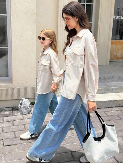 SHEIN معطف بياقة مخملية بيج للفتيات المراهقات، بجيوب قابلة للطي وأكمام طويلة منسدلة، للارتداء اليومي الكاجوال في فصلي الخريف والشتاء