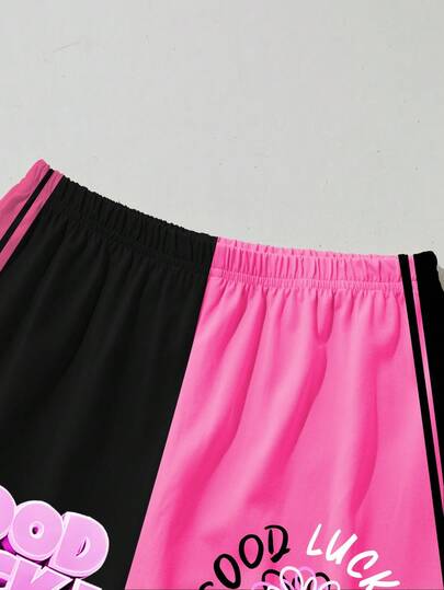 SHEIN مجموعة تي شيرت كاجوال مريحة للفتيات المراهقات بطباعة فتاة كرتونية رياضية ألعاب إلكترونية محظوظة، مناسبة للمدرسة والرياضة والحفلات