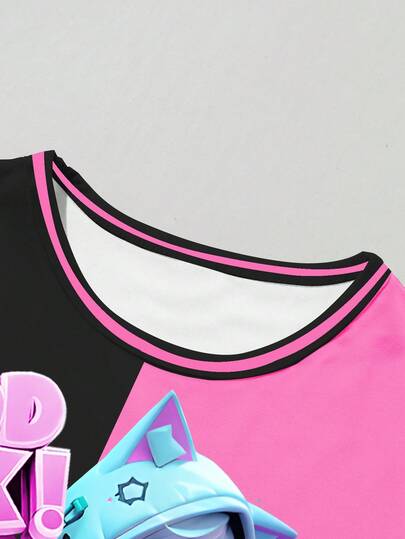 SHEIN مجموعة تي شيرت كاجوال مريحة للفتيات المراهقات بطباعة فتاة كرتونية رياضية ألعاب إلكترونية محظوظة، مناسبة للمدرسة والرياضة والحفلات